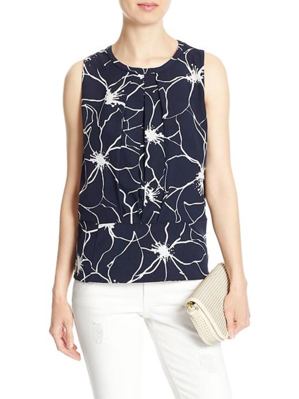 Banana Republic Pleated Print Peplum Tank Womens Size 6 Navy White